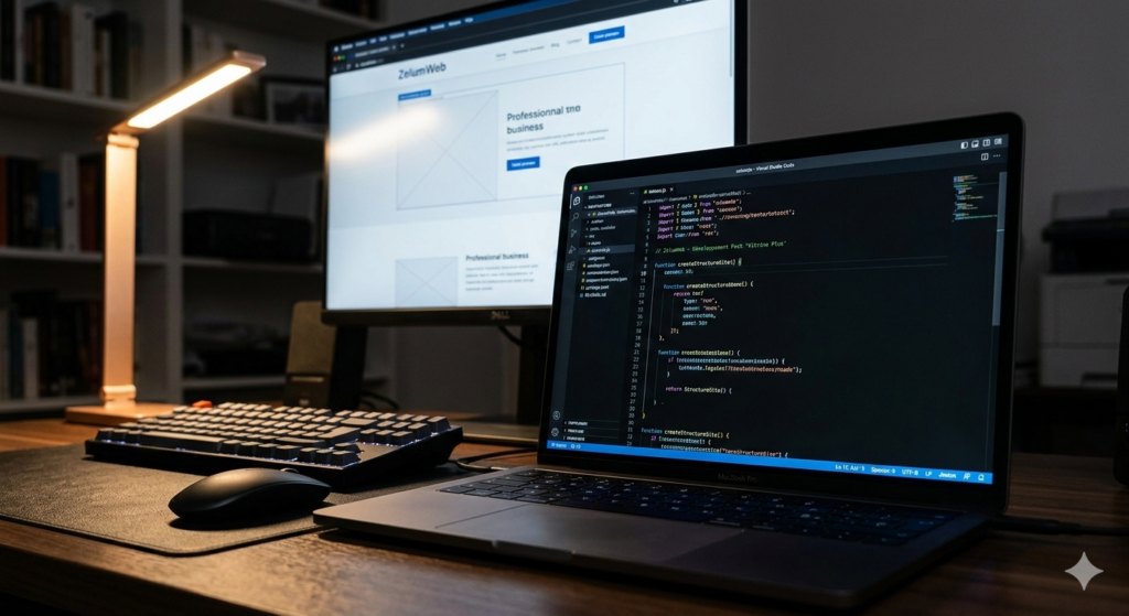 Deux ordinateur avec du code et une maquette de site web