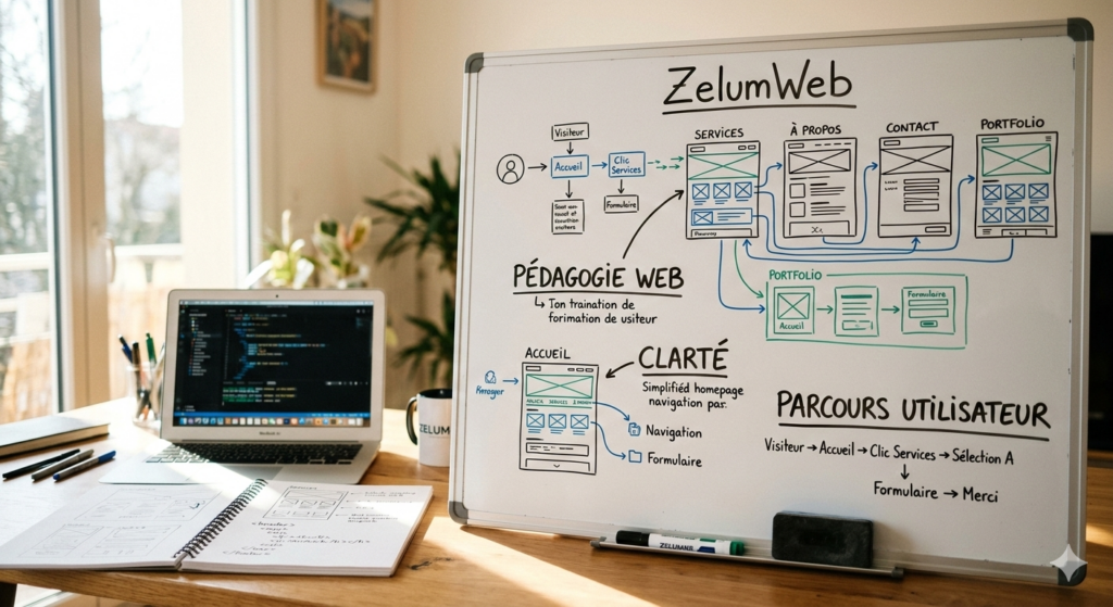L'image représente un bureau avec un ordinateur qui affiche du code html, ainsi qu'un tableau blanc avec des schéma dessiné dessus